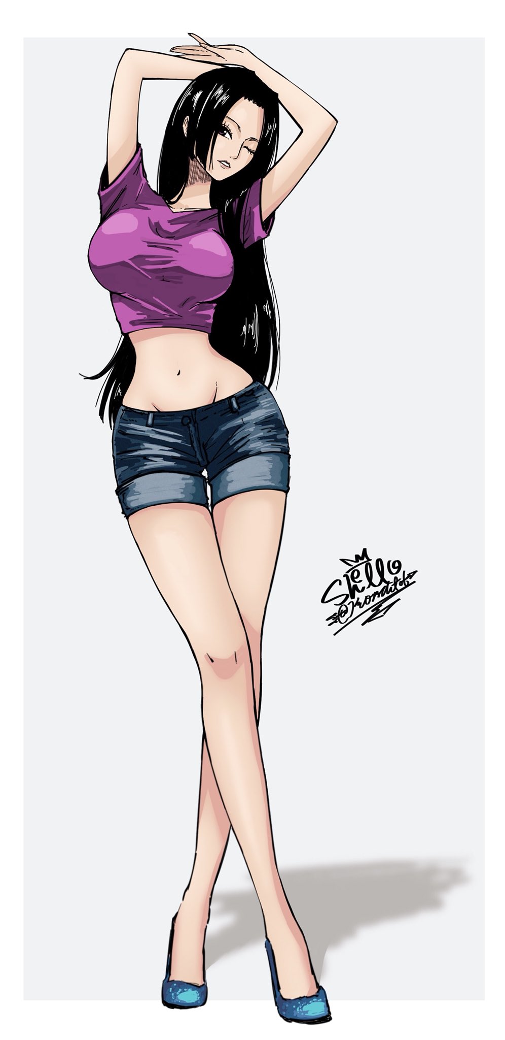 1girl, alternate_costume, arm_over_head, arms_up, black_eyes, black_hair, blue_footwear, blue_shorts