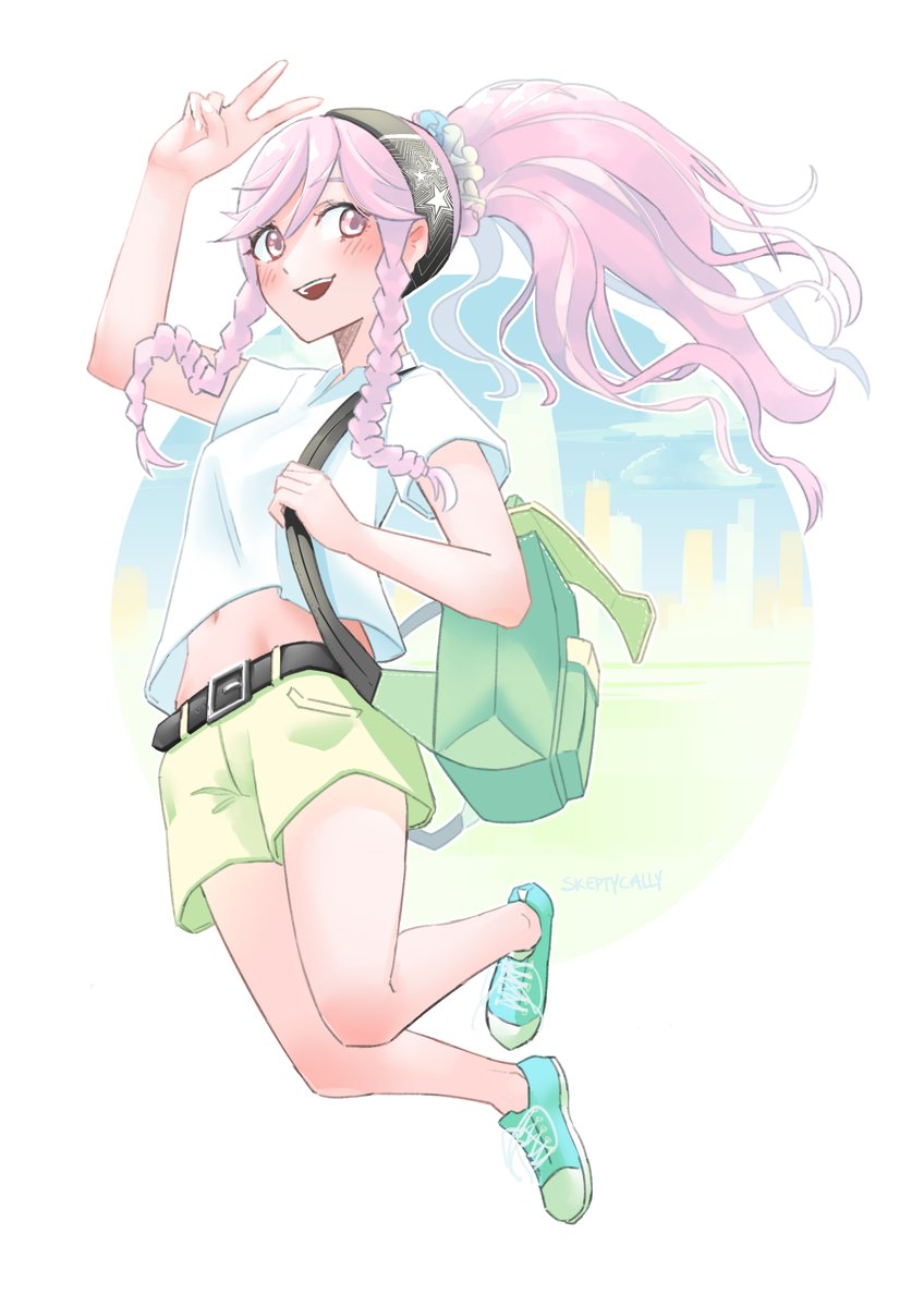 1girl, alternate_costume, artist_name, backpack, bag, belt, blush, braid