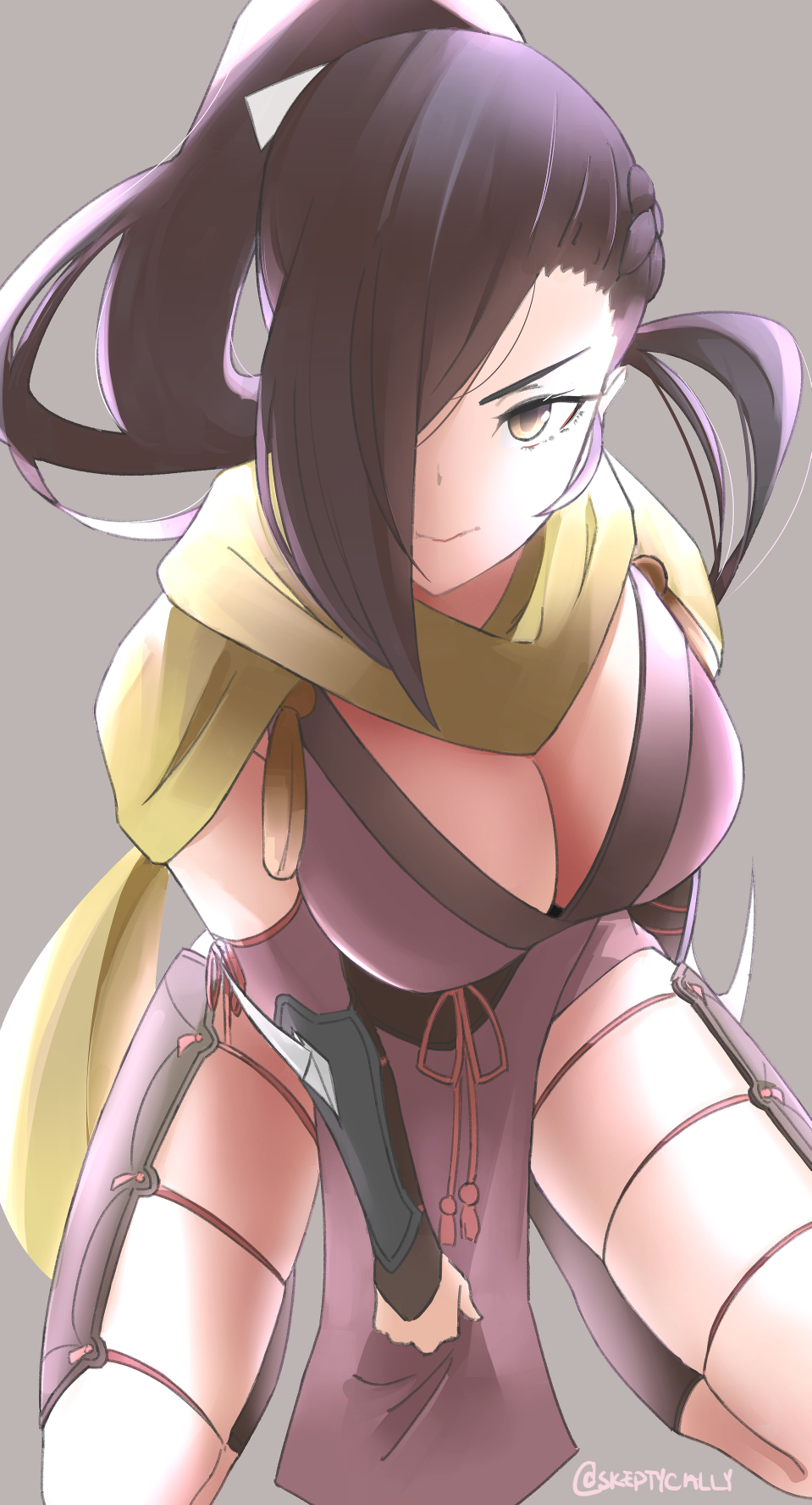1girl, arm_blade, arm_guards, between_legs, black_hair, breasts, cleavage, fire_emblem