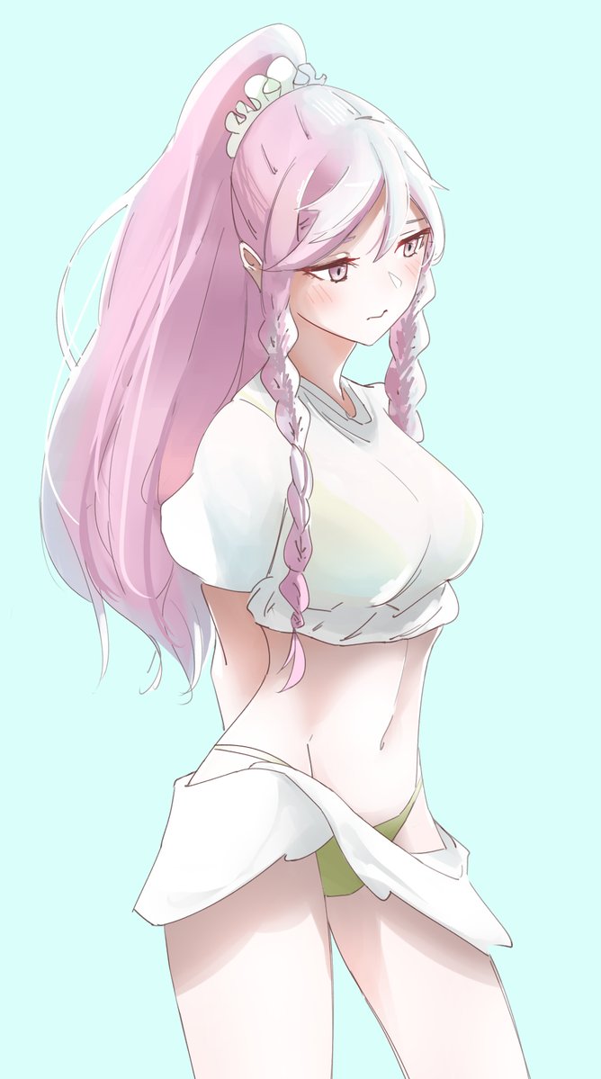 1girl, alternate_costume, arms_behind_back, bikini_bottom, blue_background, blush, braid, breasts