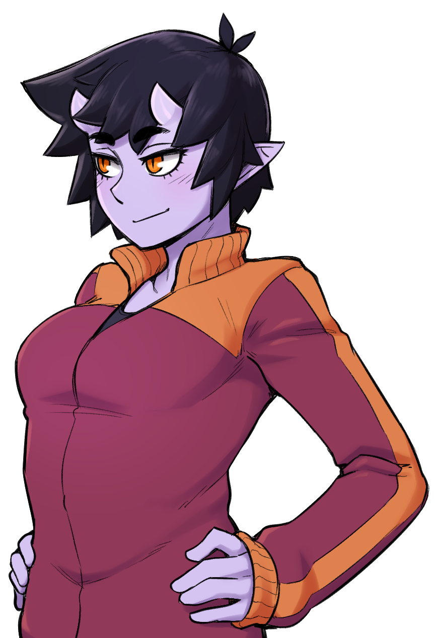 1girl, black_hair, eyebrows_visible_through_hair, hands_on_hips, highres, horns, ittla, jacket