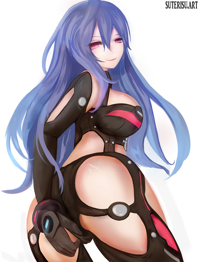 1girl, adjusting_clothes, ass, breasts, curvy, elbow_gloves, gloves, hair_between_eyes, hips, iris_heart, kami_jigen_game_neptune_v, large_breasts, long_hair, looking_at_viewer, looking_back, neptune_(series), pink_eyes, purple_hair, simple_background, smile, solo, suterisu, thighs, white_background