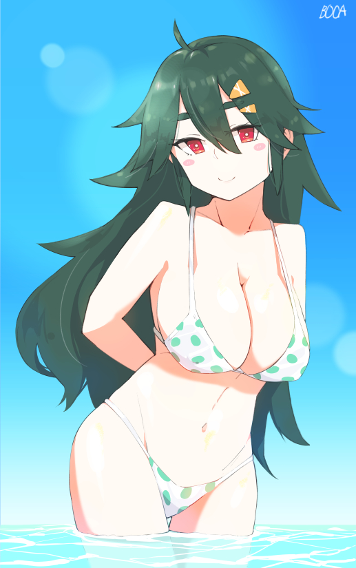 1girl, ahoge, arms_behind_back, bikini, blue_sky, blush, boca, breasts