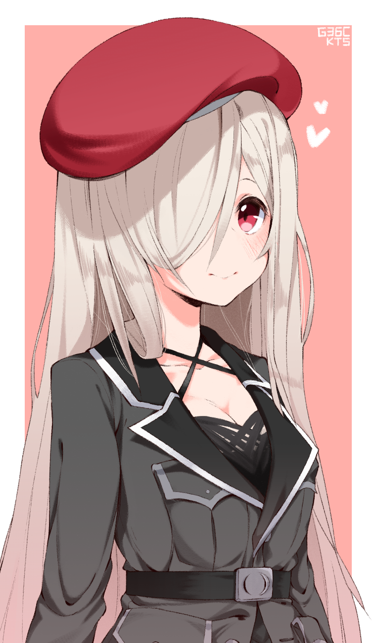 1girl, beret, blonde_hair, blush, breast_pocket, breasts, character_name, cleavage