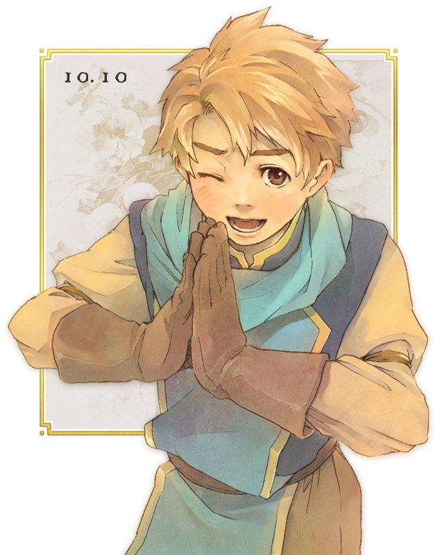 1boy, ;d, blonde_hair, blue_scarf, brown_eyes, brown_hair, commentary_request, dated