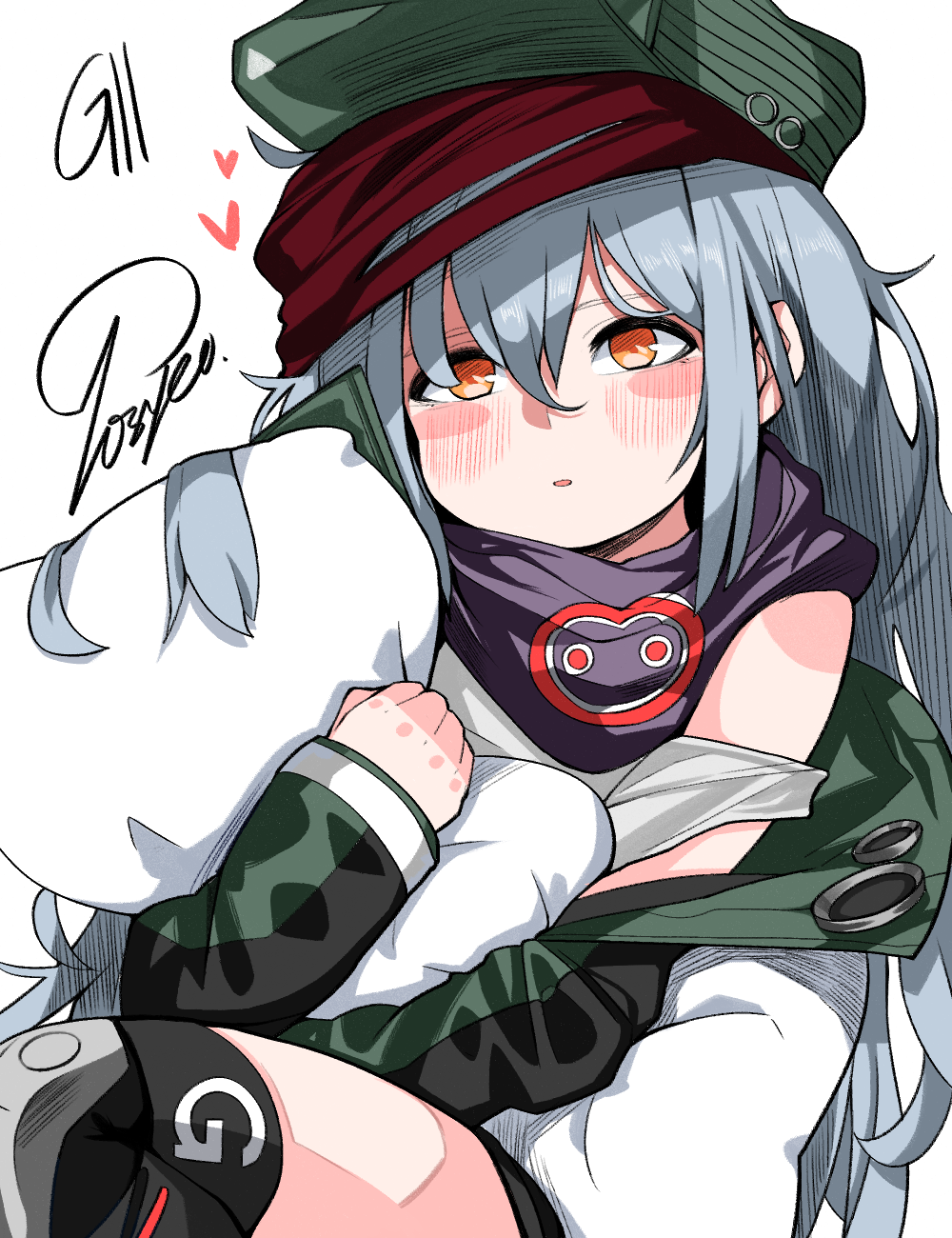 1girl, blush, commentary, g11_(girls_frontline), girls_frontline, grey_hair, hat, heart