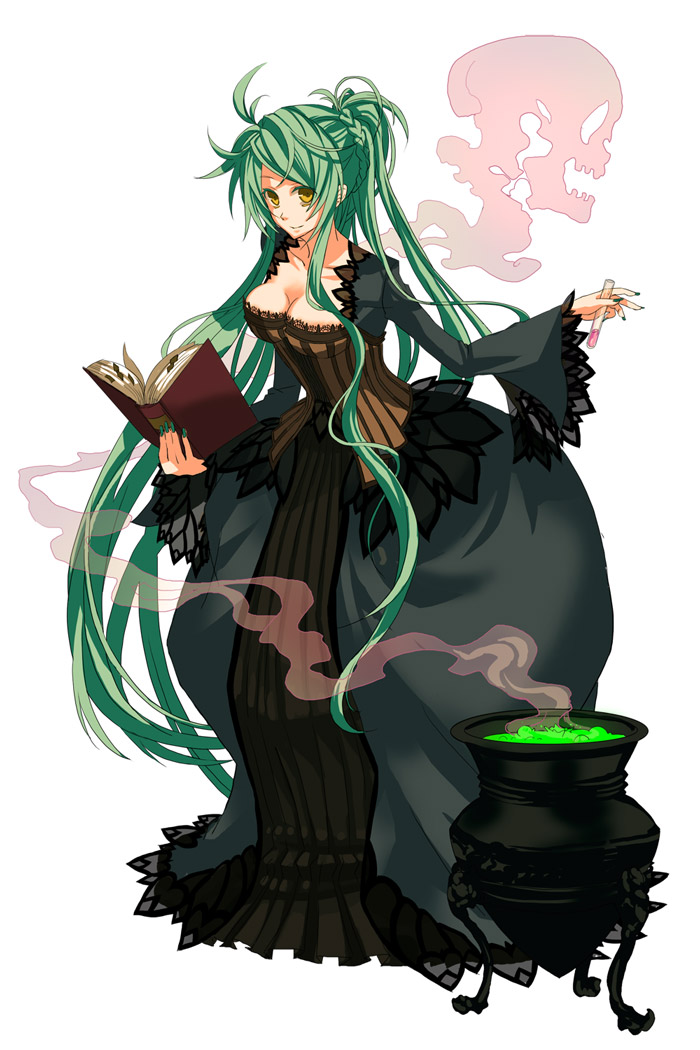 1girl, bad_id, book, breasts, cauldron, cleavage, corset, dress, female, green_hair, lace, long_hair, medieval, nail_polish, original, osamu_(jagabata), ponytail, skull, solo, very_long_hair, witch, yellow_eyes