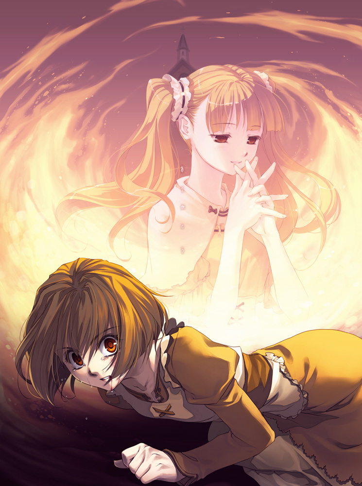 elysion, layla, long_hair, mashimaro, multiple_girls, ribbon, ribbons, sacrifice