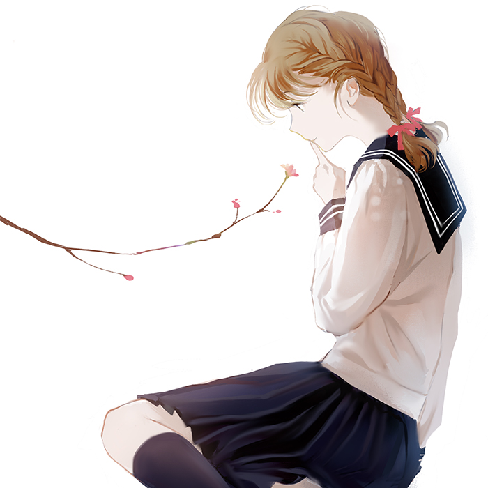 1girl, black_eyes, braid, branch, brown_hair, chairlog, eyebrows_visible_through_hair, finger_to_mouth