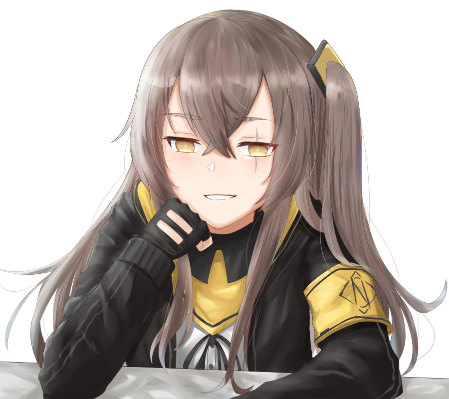 1girl, armband, bangs, black_ribbon, blush, brown_hair, crossed_bangs, elbow_rest