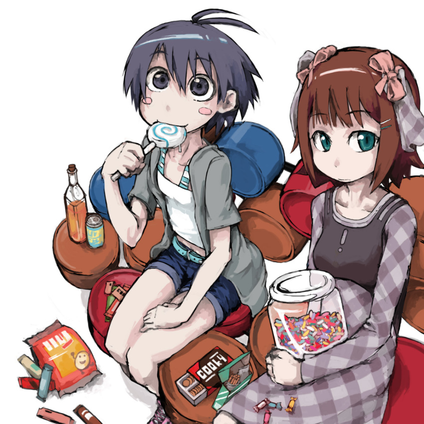 antenna_hair, black_eyes, blue_hair, blush_stickers, brown_hair, candies, candy, cookie