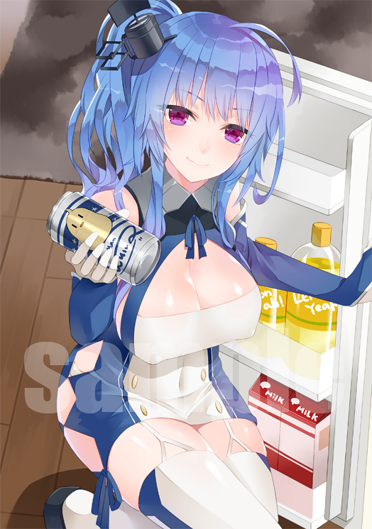 1girl, azur_lane, blue_hair, breasts, can, cleavage, dress, elbow_gloves, garter_straps, gloves, kneeling, large_breasts, long_hair, looking_at_viewer, mashita_(kuzsat), refrigerator, st._louis_(azur_lane), thigh-highs, violet_eyes