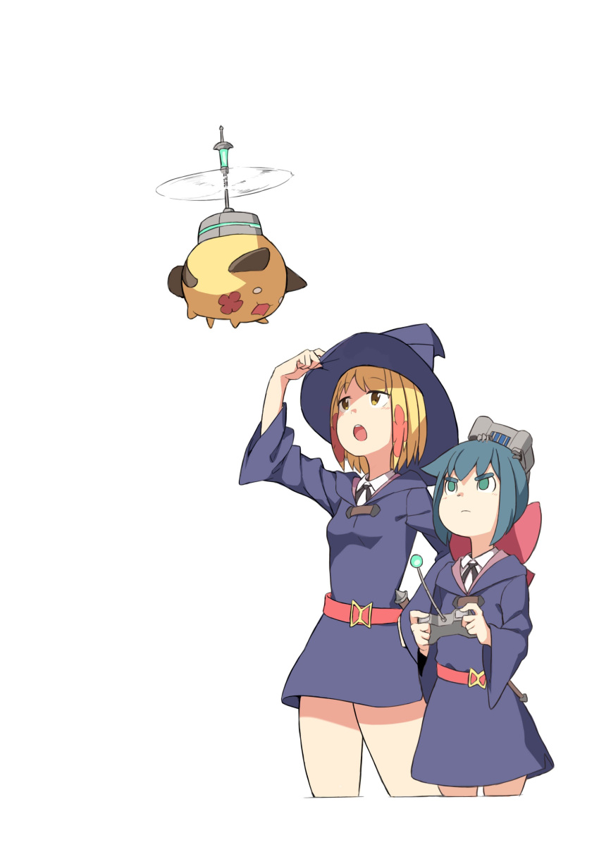 2girls, absurdres, bangs, belt, blonde_hair, blue_dress, blue_hair, blue_hat