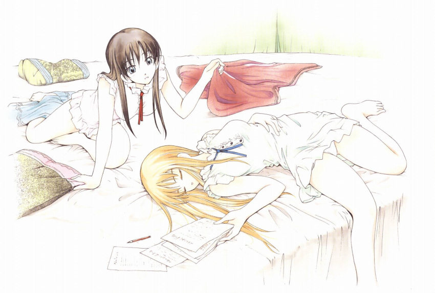 2girls, arm_support, barefoot, bed_sheet, blonde_hair, blue_ribbon, break_blade, brown_hair