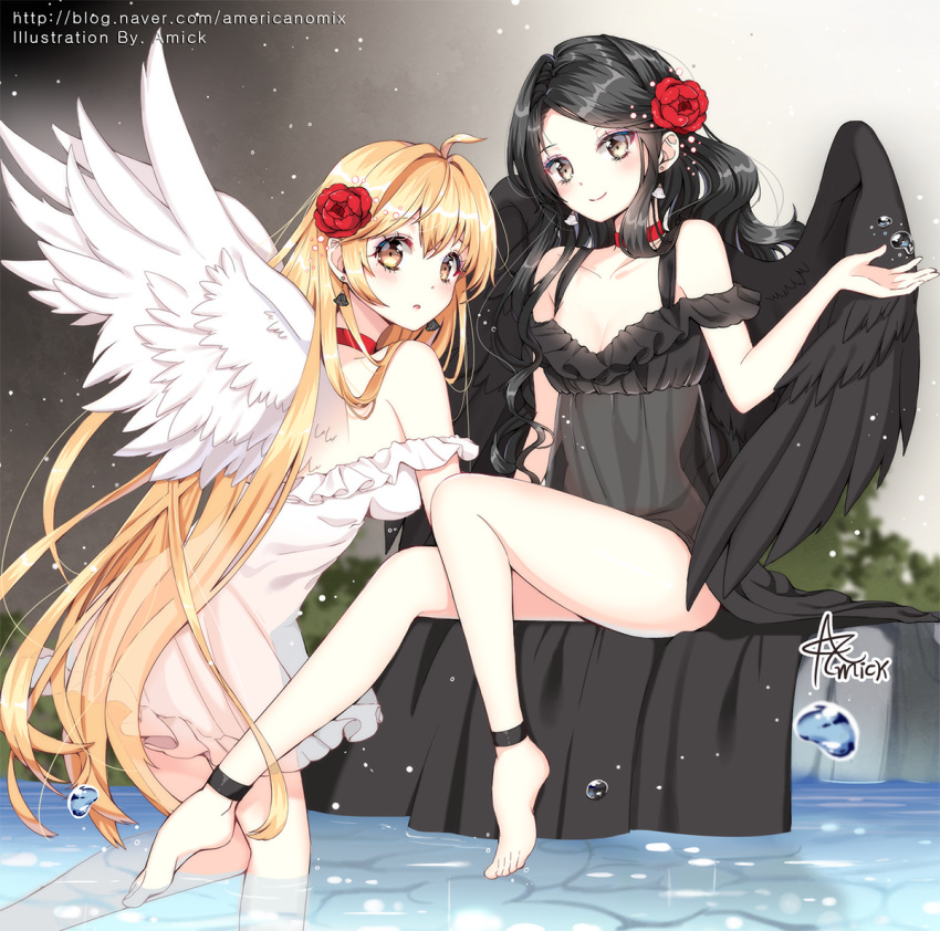 2girls, ahoge, amick_(americanomix), anklet, bangs, barefoot, black_dress, black_hair
