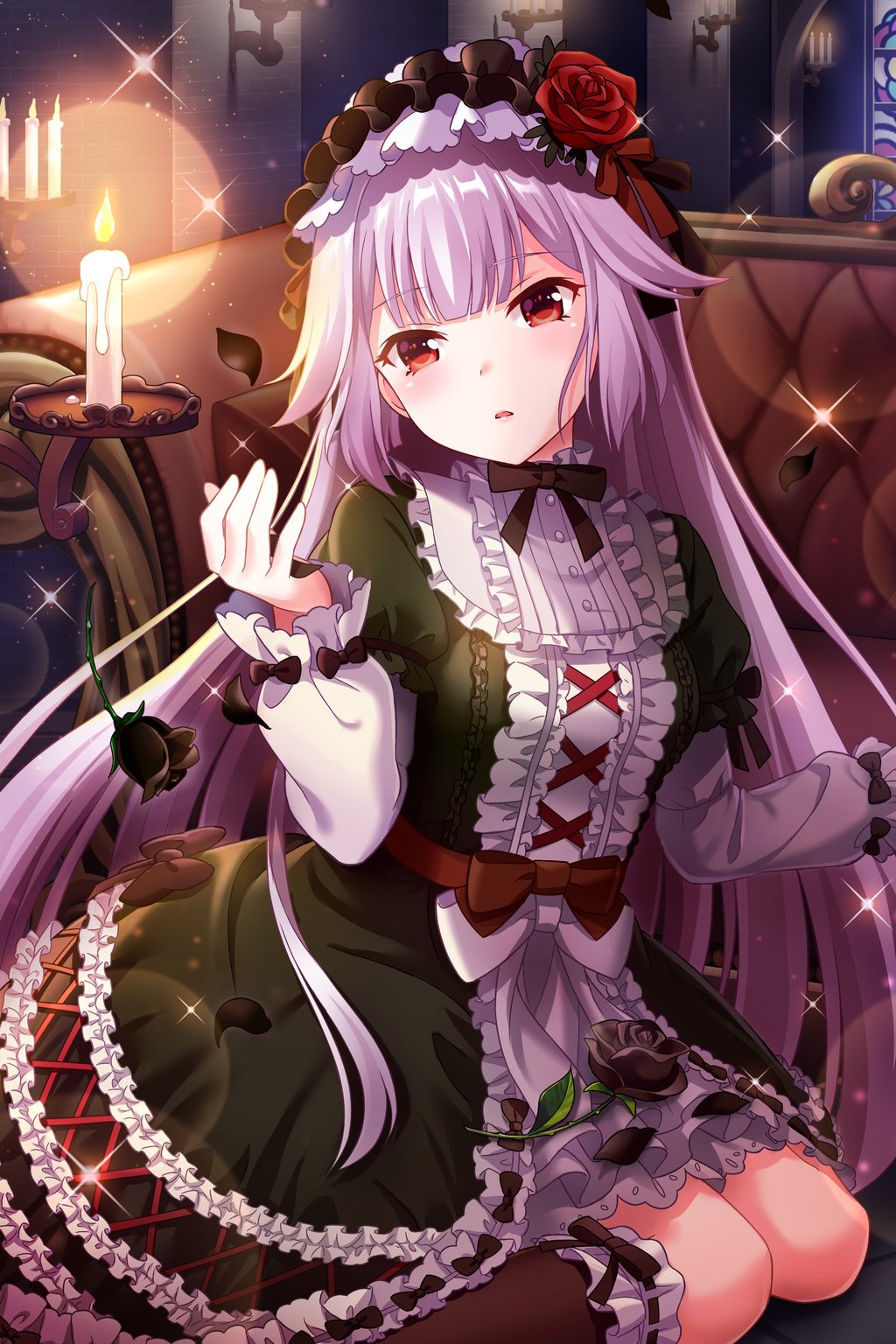 1girl, alternative_girls, armchair, bangs, black_dress, black_flower, black_legwear, black_petals, black_rose, blunt_bangs, blush, breasts, buttons, candlestand, chair, dress, flower, frilled_dress, frilled_hairband, frills, gothic_lolita, grey_hair, hairband, highres, indoors, lolita_fashion, lolita_hairband, long_hair, long_sleeves, looking_to_the_side, medium_breasts, official_art, parted_lips, puffy_long_sleeves, puffy_sleeves, red_eyes, red_flower, red_rose, rose, sitting, usui_miyuki, very_long_hair