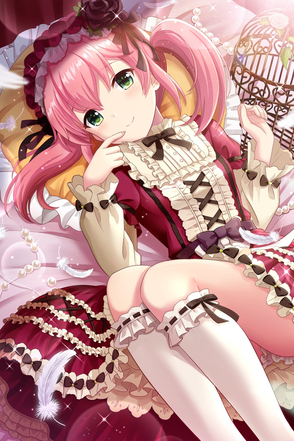 1girl, alternative_girls, bangs, birdcage, black_flower, black_rose, blush, buttons
