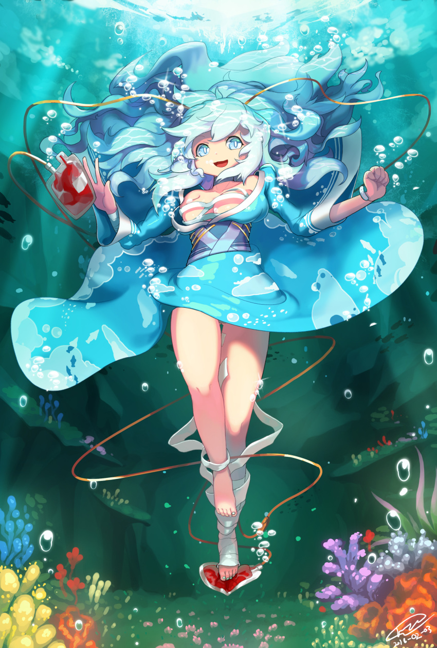 1girl, :d, absurdres, bandage, bandaged_arm, bandaged_leg, bandages, blood