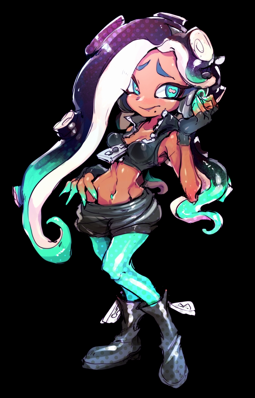 1girl, aqua_eyes, aqua_hair, aqua_legwear, aqua_skin, black_background, black_footwear, black_gloves, black_hair, black_shorts, boots, breasts, cleavage, crop_top, dark_skin, fingerless_gloves, full_body, furrowed_eyebrows, gloves, groin, hand_on_headphones, headphones, highres, horizontal_pupils, ifelt_(tamaki_zutama), iida_(splatoon), long_hair, mole, mole_under_mouth, multicolored, multicolored_hair, multicolored_skin, navel, navel_piercing, pantyhose, pantyhose_under_shorts, piercing, pink_pupils, shorts, simple_background, sleeveless, small_breasts, smile, solo, splatoon, splatoon_2, standing, tentacle_hair, two-tone_hair, two-tone_skin, unzipped, zipper, zipper_pull_tab