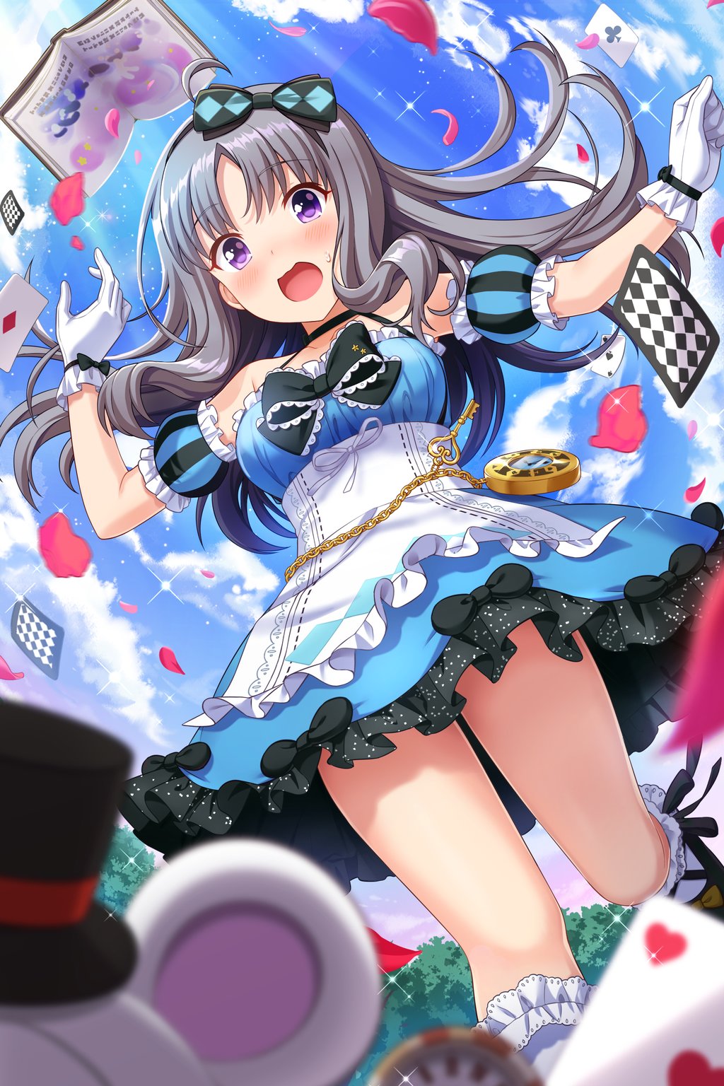 1girl, ahoge, alice_(wonderland), alice_(wonderland)_(cosplay), alice_in_wonderland, alternative_girls, bangs, bare_shoulders