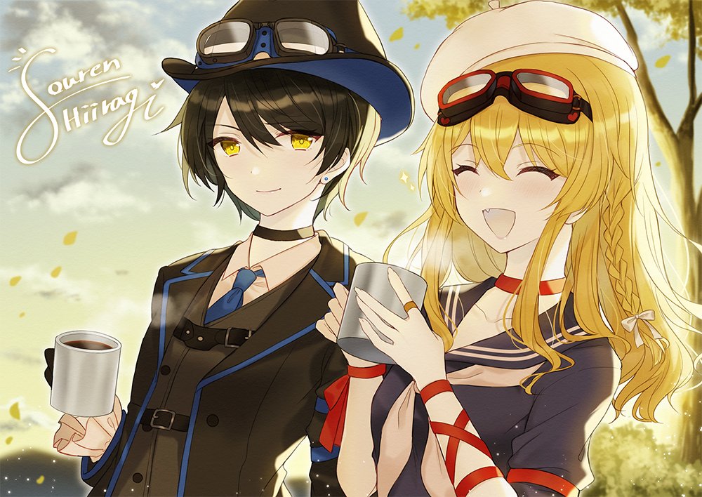 2girls, ^_^, ^o^, black_hair, blonde_hair, blue_neckwear, choker, closed_eyes
