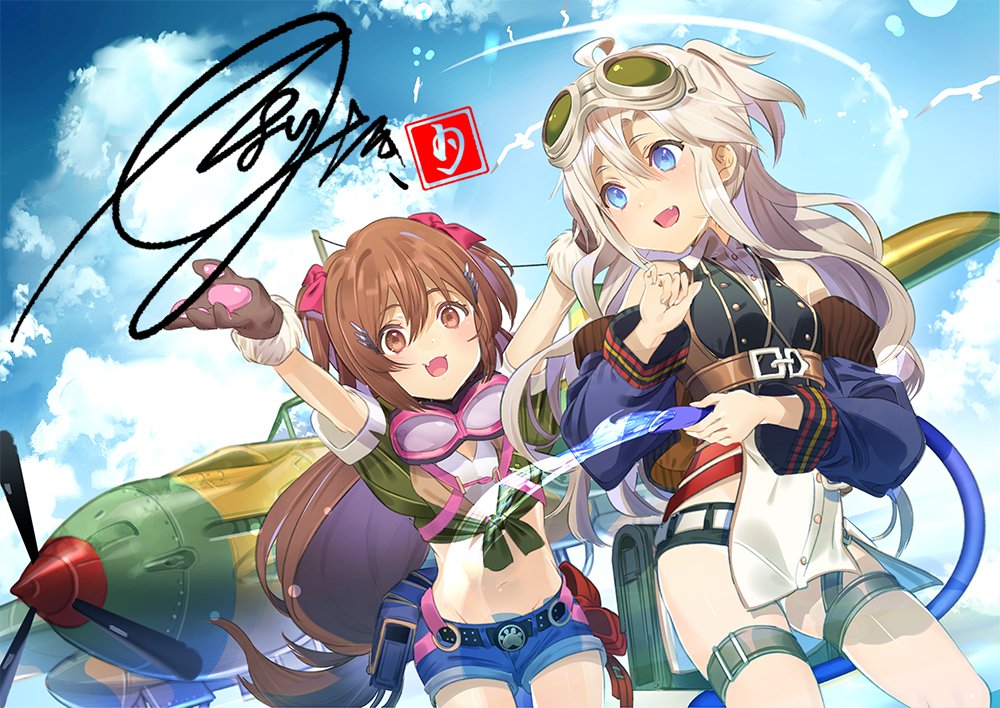 2girls, :d, ahoge, aircraft, airplane, bare_shoulders, black_shorts, blue_eyes