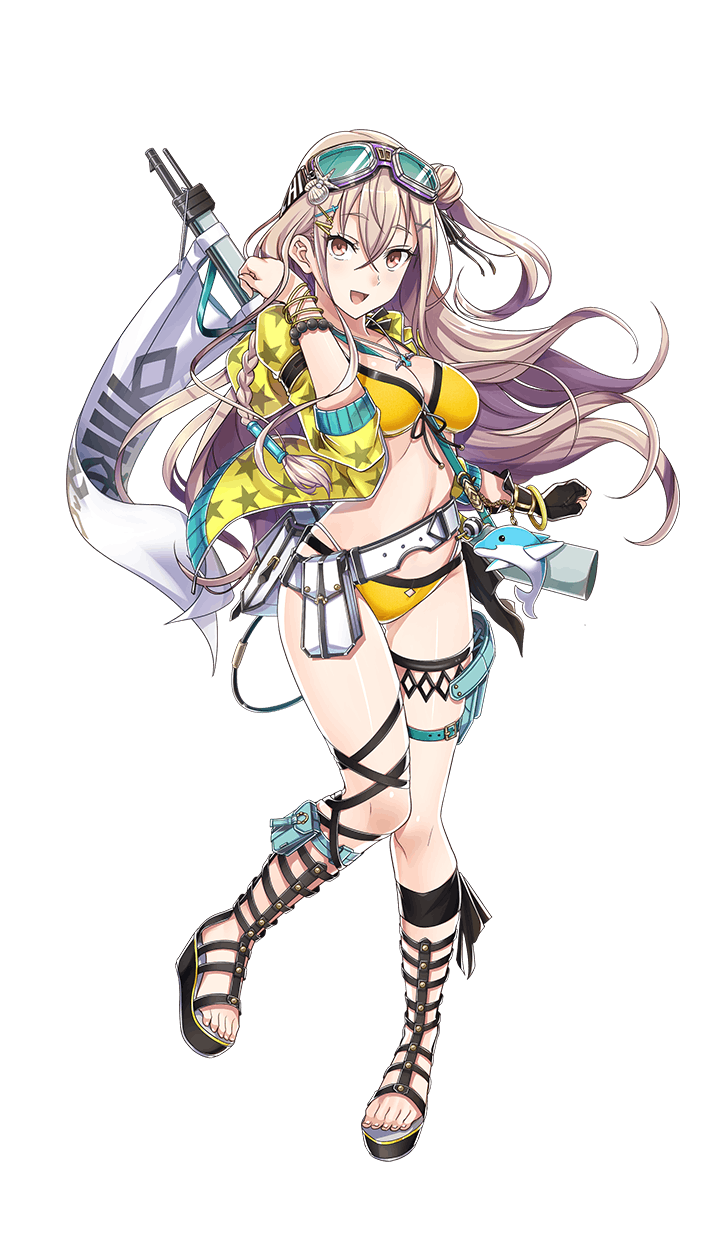 1girl, :d, bikini, black_footwear, black_gloves, braid, breasts, brown_eyes, cleavage, dolce_venchi, formation_girls, full_body, gloves, goggles, goggles_on_head, gun, hair_braid, hair_bun, hair_ornament, highres, large_breasts, long_hair, looking_at_viewer, midriff, navel, one_side_up, open_mouth, pink_hair, sandals, shimo_(s_kaminaka), single_braid, single_glove, smile, solo, swimsuit, transparent_background, weapon, x_hair_ornament, yellow_bikini