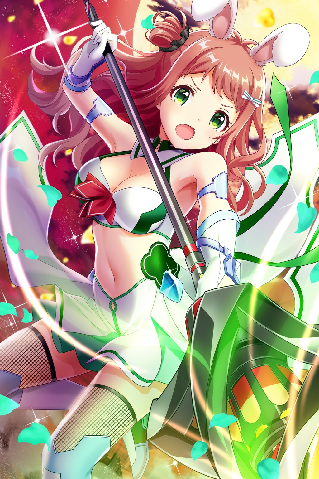 1girl, agatsuma_ren, alternative_girls, animal_ears, antenna_hair, aqua_petals, armor, black_scrunchie