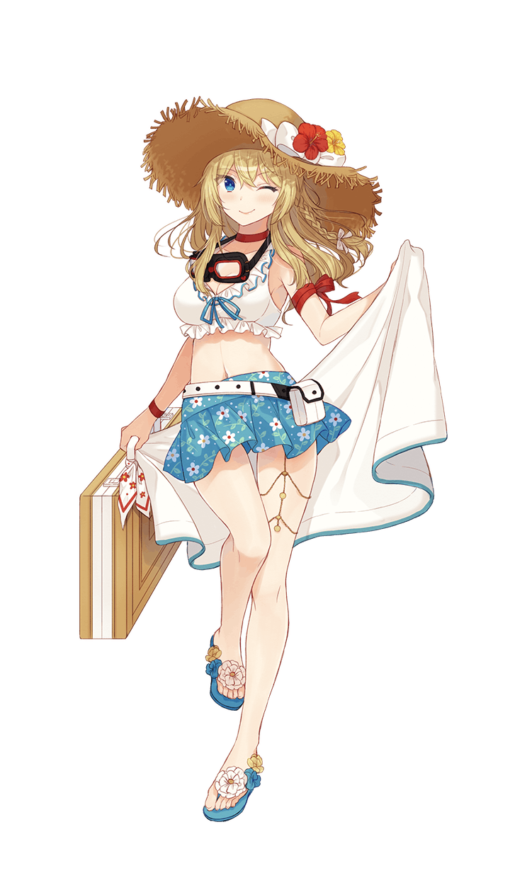 1girl, ;), bikini_skirt, blonde_hair, blue_eyes, blue_footwear, blue_skirt, braid