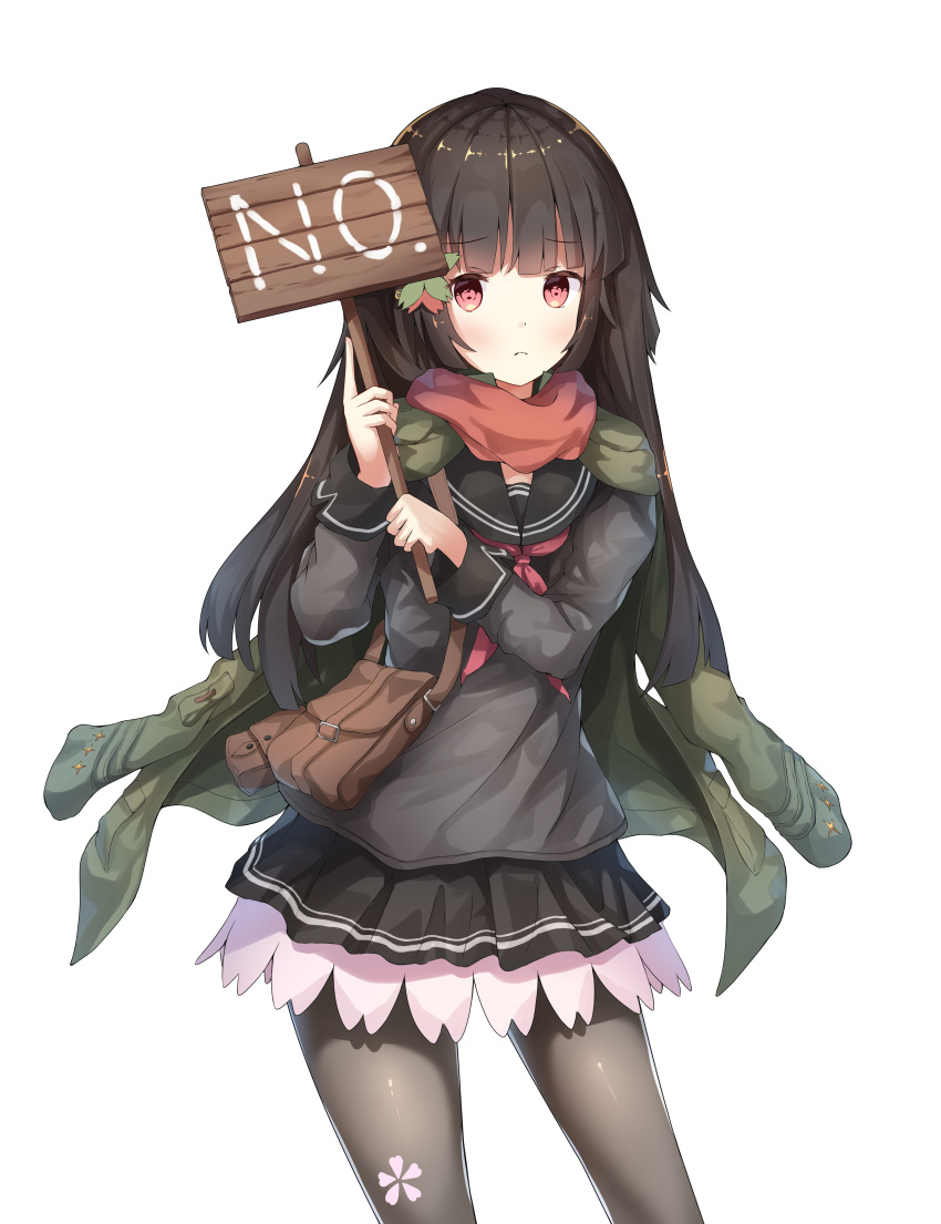 1girl, absurdres, bag, bangs, black_hair, black_legwear, blunt_bangs, blush