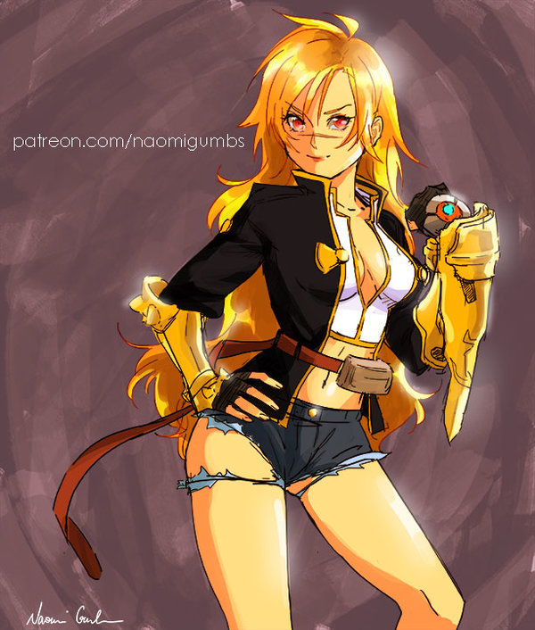 1girl, antenna_hair, belt, blazblue, blonde_hair, breasts, bullet_(blazblue), bullet_(blazblue)_(cosplay), cleavage, cosplay, cutoffs, denim, denim_shorts, fingerless_gloves, gloves, impossible_clothes, jacket, large_breasts, long_hair, midriff, naomig, navel, red_eyes, rwby, scar, shirt, short_shorts, shorts, slender, smile, solo, taut_clothes, taut_shirt, torn_clothes, vambraces, waist, wavy_hair, yang_xiao_long