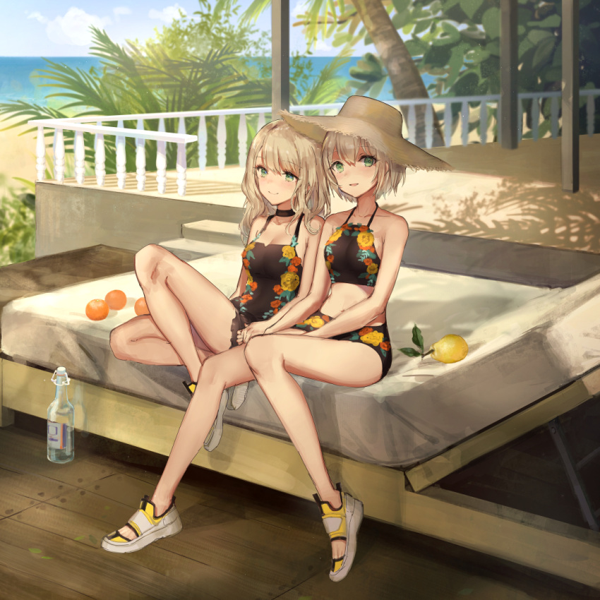 2girls, bangs, beach, bed, bikini, black_bikini, black_choker, black_swimsuit, blonde_hair, blue_sky, bottle, breasts, choker, cleavage, clouds, day, eyebrows_visible_through_hair, floral_print, food, fruit, green_eyes, halterneck, hat, horizon, knee_up, leaf, long_hair, looking_at_viewer, matching_outfit, medium_breasts, multiple_girls, navel, ocean, on_bed, orange, original, outdoors, patio, pear, railing, short_hair, side-by-side, sitting, sky, stairs, stomach, straw_hat, sunlight, swimsuit, tan_hat, tree, wooden_floor, yuri, yutsumoe