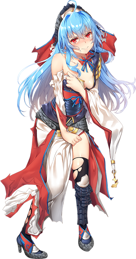 1girl, ahoge, bare_shoulders, black_legwear, blue_hair, blush, breasts, cleavage