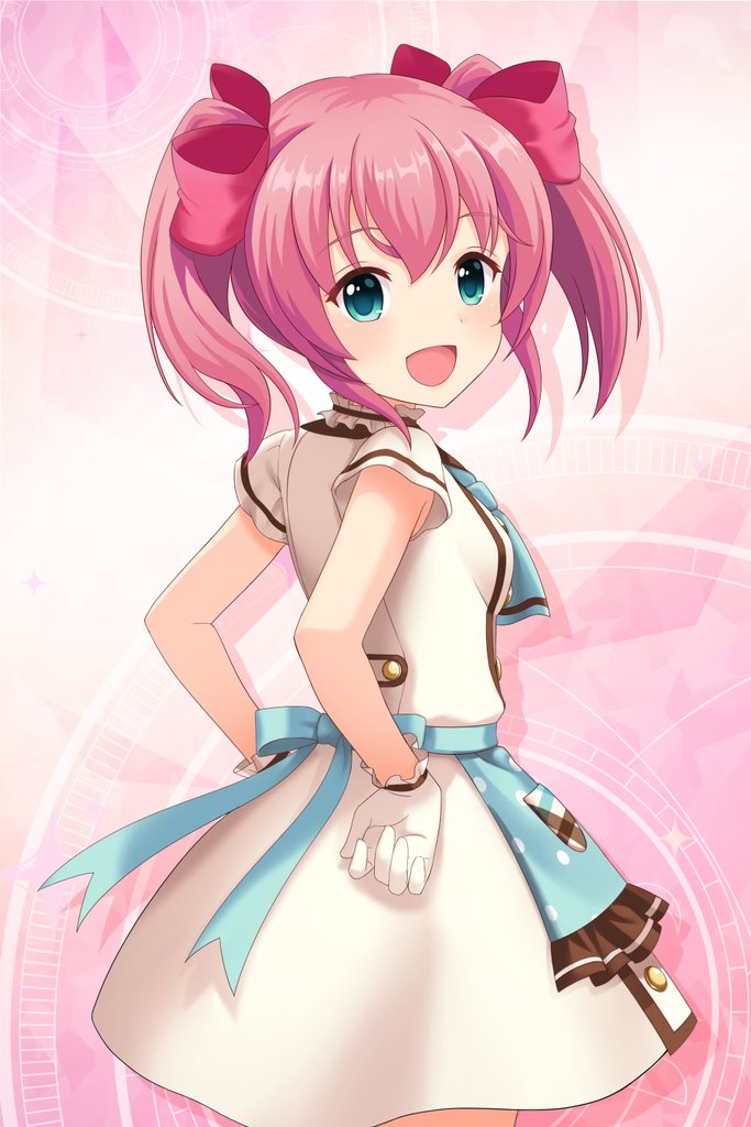 alternative_girls, apron, aqua_eyes, bangs, blue_apron, blush, bow, breasts