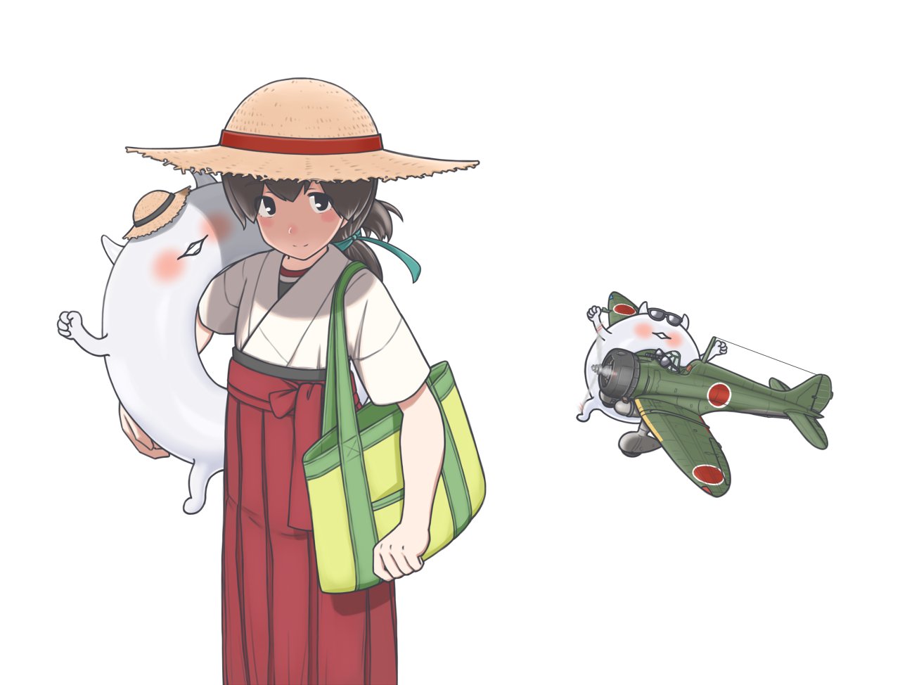 1girl, a5m, bag, blue_ribbon, brown_eyes, brown_hair, dougi, enemy_lifebuoy_(kantai_collection)