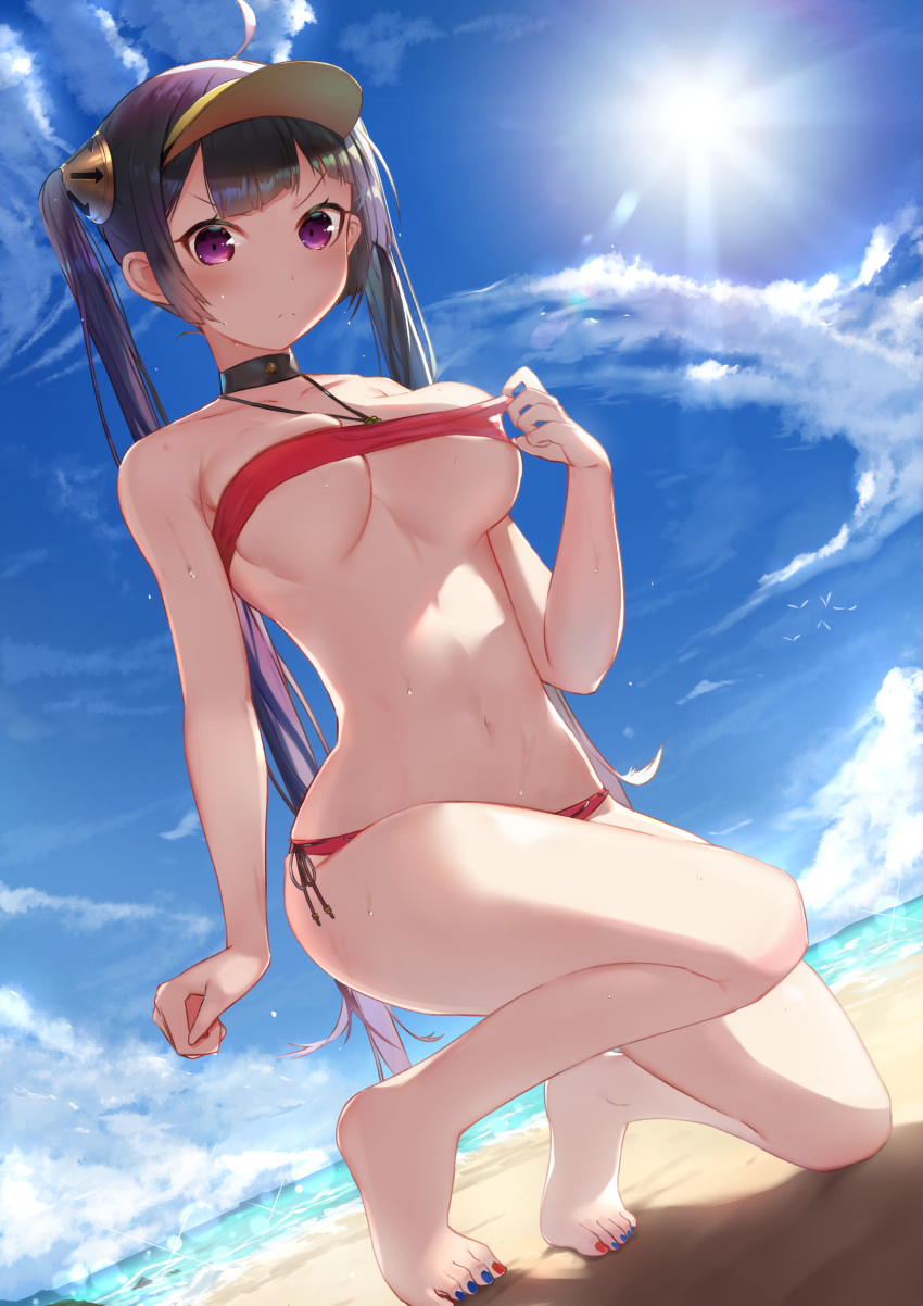 1girl, absurdres, ahoge, azur_lane, bangs, bare_arms, bare_shoulders, beach
