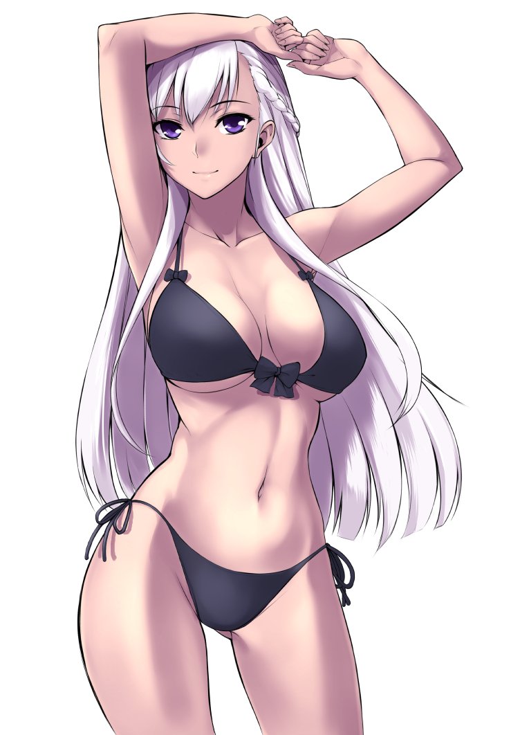 1girl, alternate_costume, armpits, arms_up, azur_lane, bangs, belfast_(azur_lane), bikini