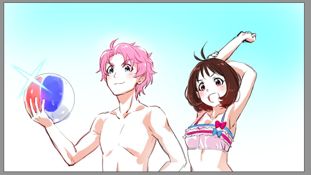 1boy, 1girl, antenna_hair, ball, beachball, bikini, blue_eyes, blue_sky