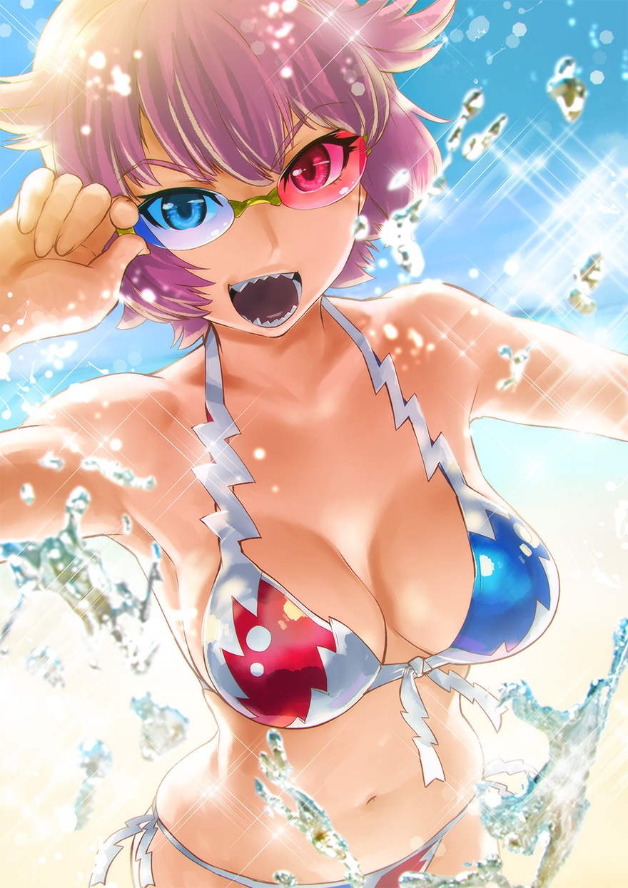 1girl, 3d_glasses, bikini, breasts, cleavage, collarbone, eyebrows_visible_through_hair, genderswap