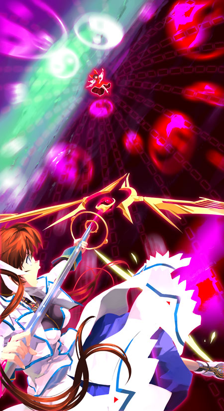 andou_syuuki, bad_id, crossover, danmaku, hakurei_reimu, japanese_clothes, mahou_shoujo_lyrical_nanoha, miko, raising_heart, staff, takamachi_nanoha, touhou, weapon, werk, yin_yang