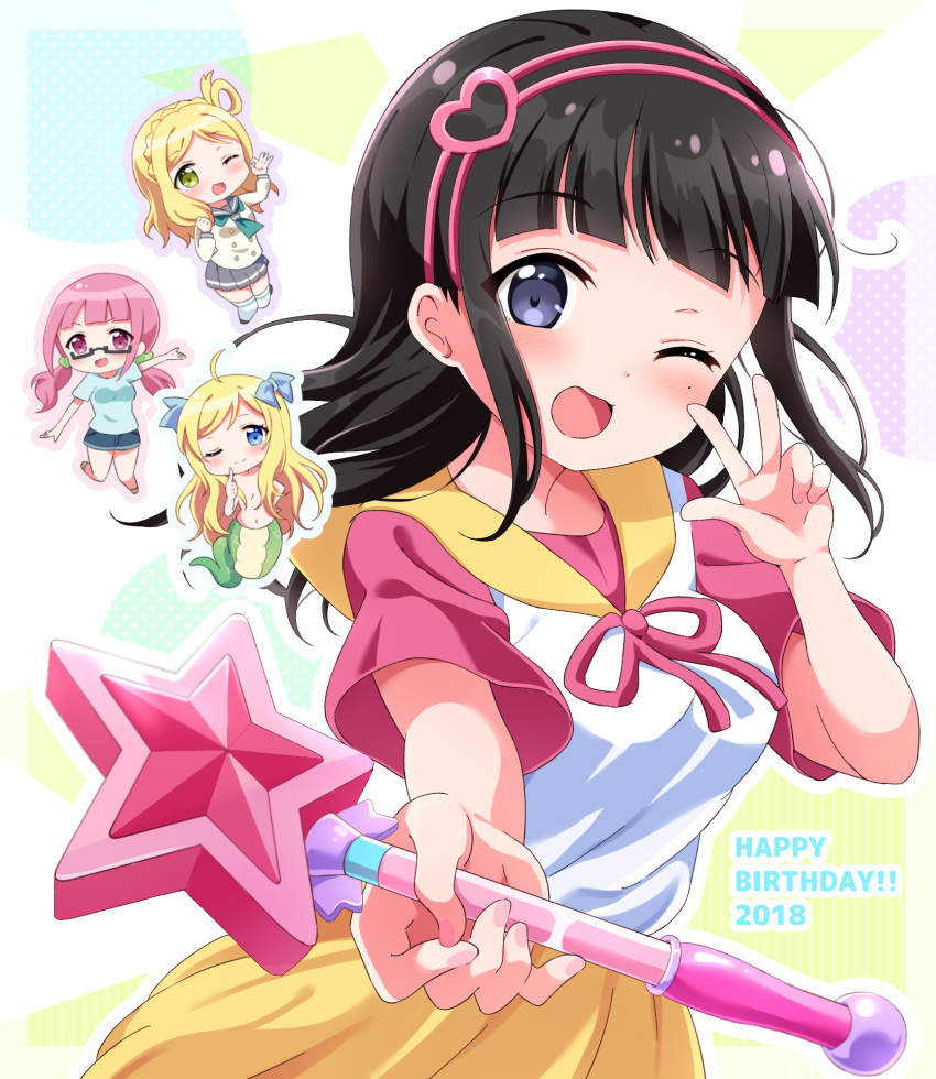 2018, 4girls, ;), ;d, aqua_neckwear, bangs, black_hair, blonde_hair