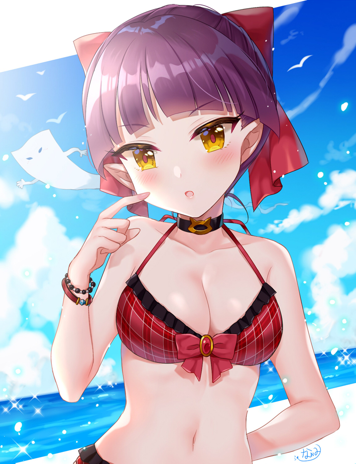 1girl, bangs, bare_shoulders, beach, bikini, blush, bow, bracelet