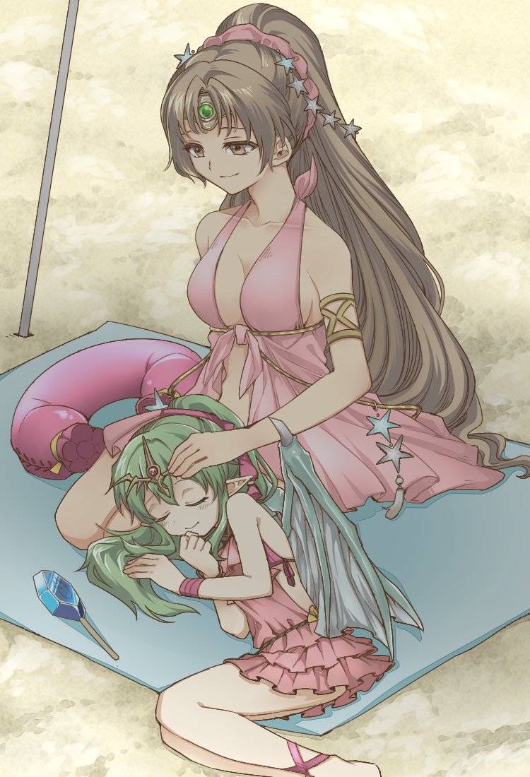 2girls, al_sy, bikini, blush, breasts, brown_eyes, brown_hair, chiki