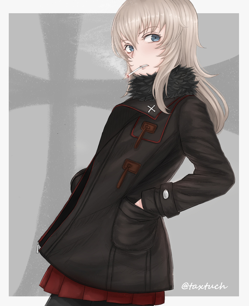1girl, bangs, black_coat, black_legwear, cigarette, clenched_teeth, coat, commentary