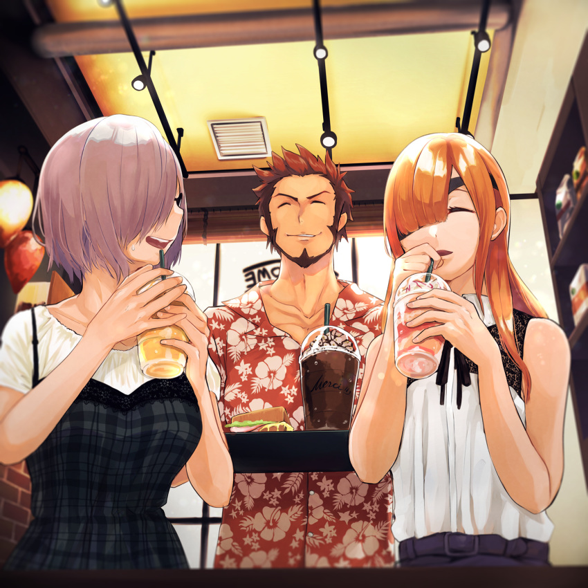 1boy, 2girls, 5saiji, bare_shoulders, beard, black-framed_eyewear, blurry, blurry_foreground, breasts, brown_hair, closed_eyes, collarbone, commentary_request, cup, depth_of_field, disposable_cup, dress, drinking_straw, eyepatch, facial_hair, fate/grand_order, fate_(series), floral_print, food, glasses, grey_dress, hawaiian_shirt, highres, holding, holding_tray, indoors, long_hair, mash_kyrielight, medium_breasts, multiple_girls, napoleon_bonaparte_(fate/grand_order), open_mouth, ophelia_phamrsolone, orange_hair, parted_lips, plaid, plaid_dress, print_shirt, purple_hair, red_shirt, sandwich, shirt, short_hair, short_sleeves, sleeveless, sleeveless_dress, sleeveless_shirt, smile, spiky_hair, standing, sweat, tray, white_shirt