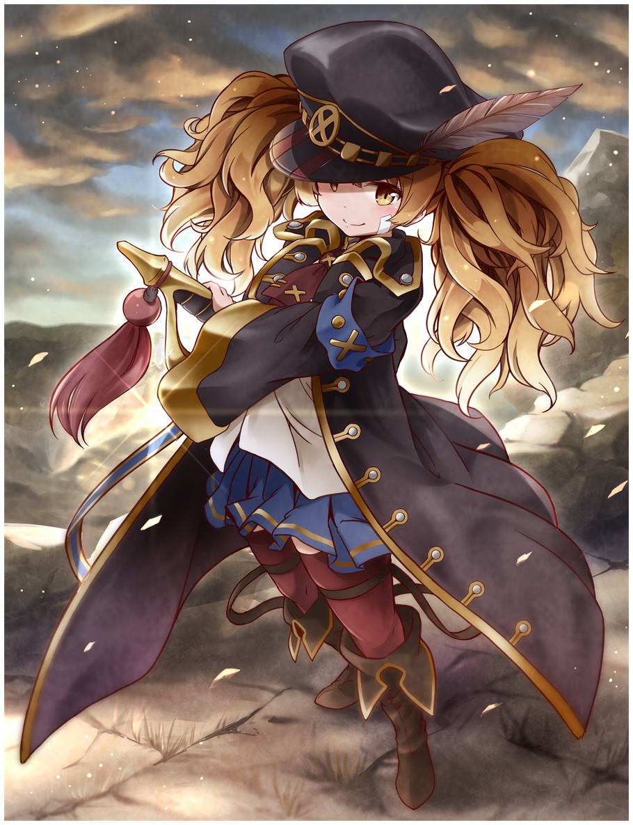 1girl, bangs, blonde_hair, boots, coat, feathers, granblue_fantasy, hat