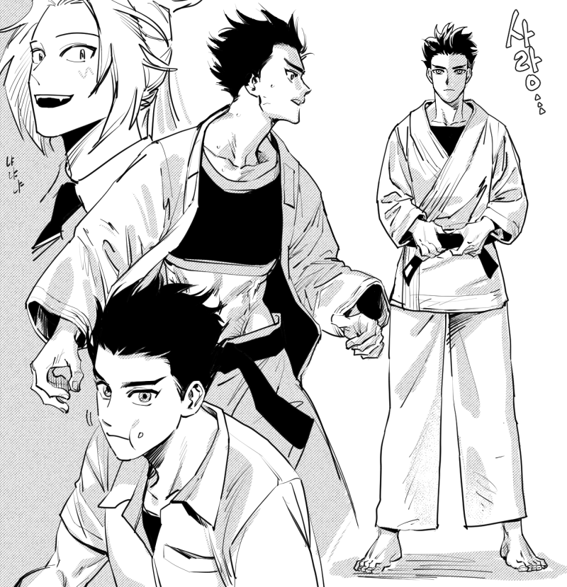 2girls, abs, barefoot, biceps, black_belt, blouse, cha_so-wul, chewing_gum