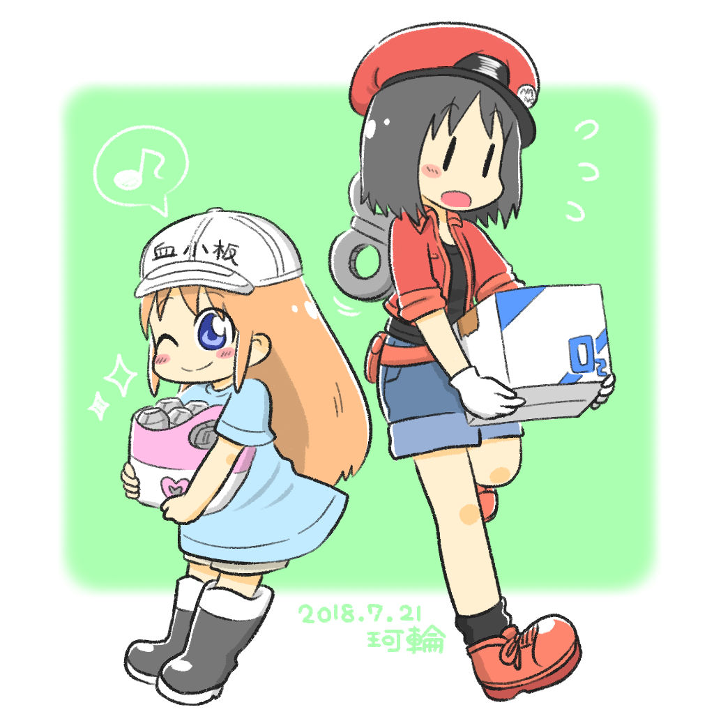 2girls, android, bag, black_eyes, black_hair, black_legwear, black_tank_top, blue_dress