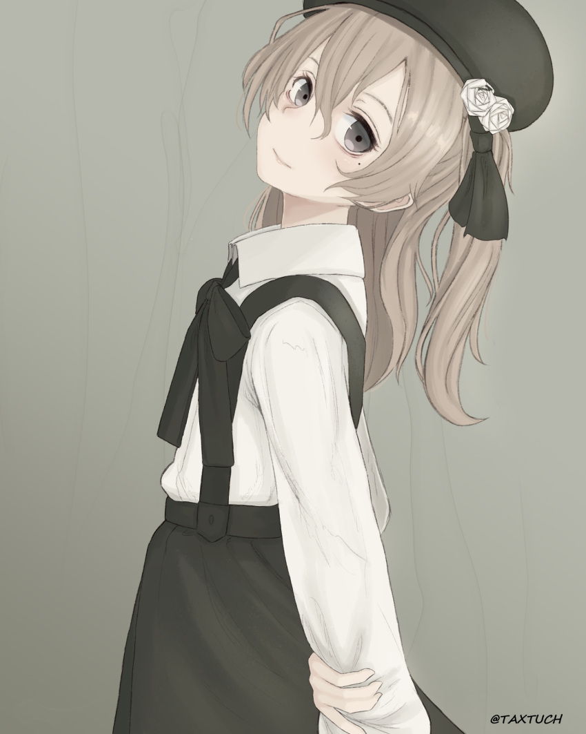1girl, arm_behind_back, arm_grab, beret, black_hat, black_ribbon, black_skirt, brown_eyes