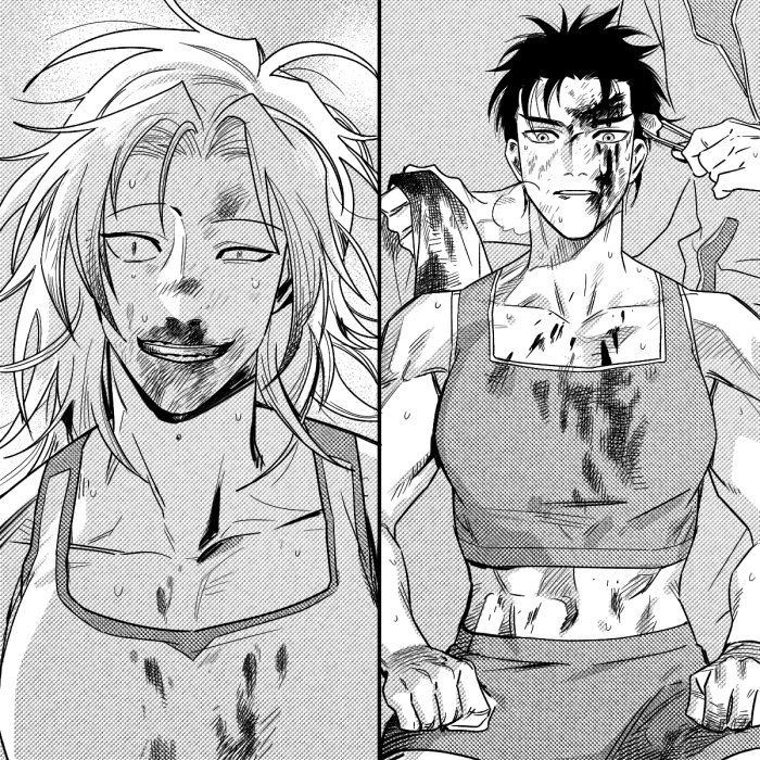 1other, 2girls, abs, bangs, biceps, blood, blood_on_face, bruise_on_face